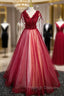 Burgundy Tulle Sequins V-neck Beading Prom Dress