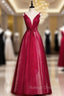 Burgundy Tulle Sequins V-neck Pleats Beading Prom Dress