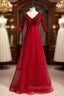 Burgundy Tulle Sequins V Neck Short Sleeve Prom Dress