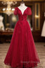 Burgundy Tulle Short Sleeve V Neck Beading Prom Dress
