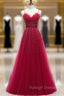Burgundy Tulle Spagehtti Straps Beading Prom Dress