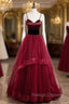 Burgundy Tulle Spaghetti Straps Backless Prom Dress