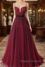 Burgundy Tulle Spaghetti Straps Beaded Prom Dress