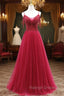Burgundy Tulle Spaghetti Straps Beading Prom Dresss
