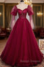 Burgundy Tulle Square Long Sleeve Beading Prom Dress