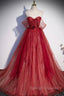 Burgundy Tulle Strapless Floor Length Prom Dresses A Line Prom Graduation Dresses