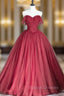 Burgundy Tulle Strapless Pleats Prom Dress
