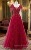 Burgundy Tulle V-neck Cap Sleve Beading Prom Dress