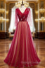 Burgundy Tulle V-neck Pleats Beading Prom Dress