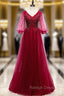 Burgundy Tulle V-neck Puff Sleeve Beading Prom Dress
