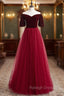 Burgundy Tulle Velvet Off the Shoulder Short Sleeve Prom Dress