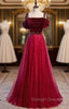 Burgundy Tulle Velvet Spaghetti Straps Beading Prom Dress