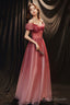 Burgundy Tulle With Beaded A-Line Party Dress, Off The Shoulder Evening Dress