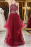 Burgundy two pieces beads long prom dress, burgundy evening dress
