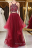Burgundy two pieces beads long prom Dresses burgundy Prom Dresses