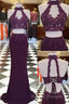 Burgundy Two Pieces Lace Long Prom Dresseses
