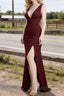 Burgundy V Neck Chiffon Bridesmaid Dress Prom Dresses Long With Pleated Split