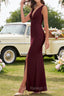 Burgundy V Neck Chiffon Prom Dresses Long Bridesmaid Dresses With Pleated Split