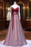 Burgundy V Neck Lace Floral Long Prom Dresses, Burgundy V Neck Long Formal Prom Dresses
