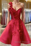 Burgundy v neck satin short prom Dresses one shoulder cocktail Dresses