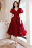 Burgundy V-Neck Short A-Line Prom Dresses Burgundy Short Sleeve Prom Dresses