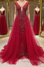 Burgundy v neck tulle beads long prom dress, burgundy evening dress