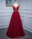 Burgundy V Neck Tulle Lace Long Prom Dress, Burgundy Prom Dress