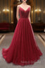 Burgundy V Neck Tulle Long Prom Dress, A Line Backless Prom Prom Dress