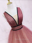 Burgundy V Neck Tulle Long Prom Dress Burgundy Long Prom Dress