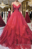 Burgundy v neck tulle long prom dress tulle formal dress