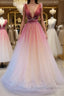 Burgundy v neck tulle sequin Prom Dresses Long burgundy Prom Dresses