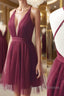 Burgundy v neck tulle short prom dress burgundy homecoming dress