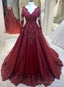 Burgundy V-Neckline Tulle Long Sleeves With Lace Prom Dresses Burgundy Wedding Prom Dresses