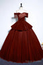 Burgundy Velvet And Tulle Long Formal Dress, A-Line Off The Shoulder Evening Party Dress