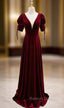 Burgundy Velvet Dee V Neck Short Sleeve Prom Dress