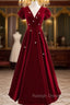 Burgundy Velvet Deep V Neck Short Sleeve Prom Dress