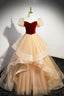 Burgundy Velvet Glitter Cascading Ruffles Prom Dresses Champagne Tulle Floor Length Prom Dresses