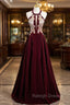 Burgundy Velvet Halter Beading Sequins Prom Dress