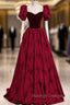 Burgundy Velvet Long A-Line Prom Dress, Burgundy Short Sleeve Evening Dress