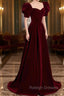 Burgundy Velvet Long A-Line Prom Dress, Simple Short Sleeve Party Dress