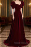 Burgundy Velvet Long A Line Prom Dress, Simple Short Sleeve Prom Dress
