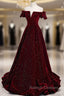 Burgundy Velvet Long Prom Dress, A Line Off the Shoulder Prom Dress