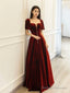 Burgundy Velvet Long Prom Dresses Elegant A-Line Short Sleeve Prom Dresses