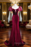 Burgundy Velvet Long Prom Dress, Mermaid Short Sleeve Party Dress Wit Bow