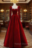 Burgundy Velvet Long Sleeve Crystal Prom Dress