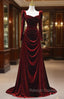 Burgundy Velvet Long Sleeve Pleats Square Neck Prom Dress