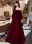 Burgundy Velvet Long Sleeves Beaded Prom Dresses Sweetheart Long Prom Dresses