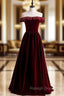 Burgundy Velvet Off the Shoulder Beading Prom Dress