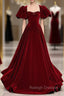 Burgundy Velvet Puff Sleeve Backless Beading Prom Dress