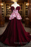 Burgundy Velvet Sequins Off the Shoulder Pearls Prom Dress